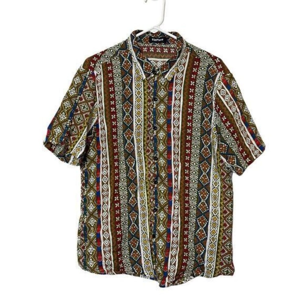 VatPave Tribal Hawaiian Shirt Mens Large Multicolor Vertical Striped Retro